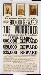 Washingtoner Kriegsministerium Plakat, das eine Belohnung von 100.000 $ für die Ergreifung des Mörders von Abraham Lincoln ankündigt, 20. April 1865