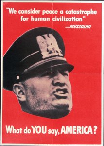 "Was sagst DU, AMERIKA?", US-Poster aus dem 2. Weltkrieg mit dem Gesicht von Mussolini, Anonym, ca. 1942 von American School
