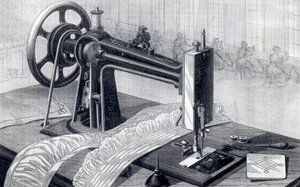Wilson-Nähmaschine, zeigt Riemenantrieb vom Tretwerk und Ölkännchen, aus Park Benjamin Appletons Enzyklopädie der angewandten Maschinen, veröffentlicht 1880 von American School