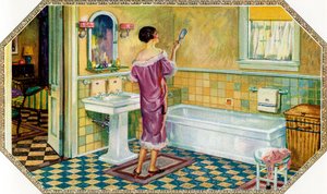 Frau steht in einem Art-Deco-Badezimmer