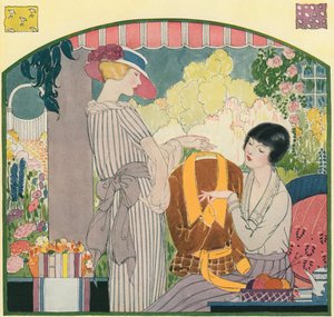 Frauen in Mode der 1920er Jahre begutachten ihre neuen Kleider von American School