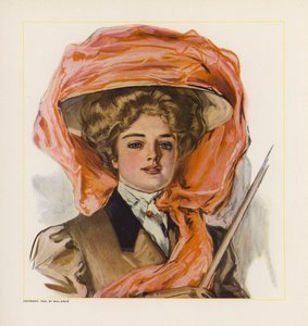Junge Frau mit einem Hut mit orangener Organzadekoration von American School