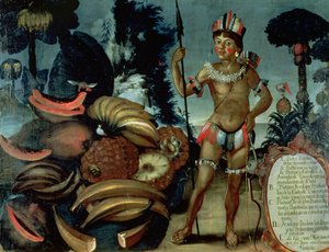 Yumbo-Indianer aus der Umgebung von Quito, Ecuador, mit verschiedenen Früchten und Bäumen von American School