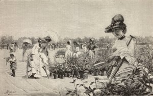 Frauen spazieren in Brera, Mailand, Italien, Gravur nach dem Gemälde Maggio (Mai) von Amerino Cagnoni