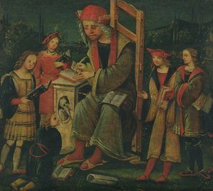 Hl. Kassian in seinem Stuhl, umgeben von seinen Schülern von Amico Aspertini