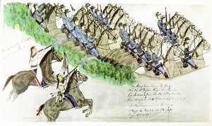 Beginn der Schlacht am Little Big Horn River, Montana, 25. Juni 1876. Prärie-Indianer und US-Kavallerie. Nach einem Gemälde des Sioux-Indianers Amos Bad Heart Buffalo. von Amos Bad Heart Buffalo