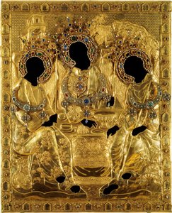 Oklad-Abdeckung für die Heilige Dreifaltigkeitsikone von Andrei Rubljow, 1600-1625