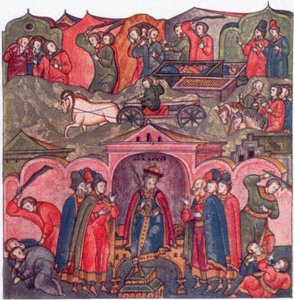 Gewalt des Moskauer Prinzen Iwan Danilowitsch und seiner Nachbarn aus: Das Leben des Heiligen Sergius von Radonesch, 16. Jahrhundert von Ancient Russian Art