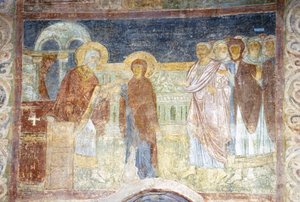 Die Jungfrau empfängt das Purpur und die Cochenille von Ancient Russian frescos