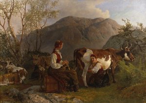 Melkerinnen mit Kühen von Anders Askevold