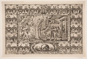 Sophie Brockenhuus und vier Genies, umgeben von Wappenschildern. Aus der Leichenpredigt