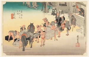 Poststation Fujiyeda, in den Dreiundfünfzig Stationen der Tokaido-Straße (Tokaido Gojusan Tsugi-no Uchi)