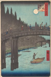 Vollmond über Kanal, mit Brücke und riesigen Bambusstapeln entlang des Ufers, ca. 1857