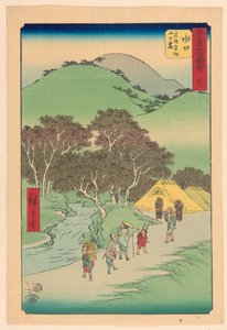 Minakuchi: Berühmte Kiefern am Fuße des Berges Hiramatsu (Minakuchi, meisho Hiramatsu yama no fumoto) aus der Serie 53 Stationen von Tokaido von Ando Hiroshige