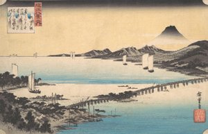 Seta no Sekisho. Sonnenuntergang, Seta. Biwa-See, ca. 1835