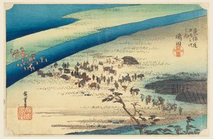 Shimada, Reisende überqueren den Oigawa, in Die dreiundfünfzig Stationen der Tokaido-Straße (Tokaido Gojusan Tsugi-no Uchi) von Ando Hiroshige