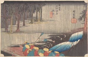 Frühlingsregen in Tsuchiyama, aus der Serie Dreiundfünfzig Stationen des Tokaido, 1834-35