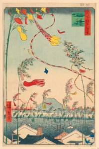 Stadt Prosperous mit Tanabata-Festival (Shichu han-ei, Tanabata matsuri) aus der Serie Einhundert Ansichten von Edo von Ando Hiroshige