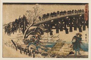 Holzschnitt - Zwei Männer in einem Boot unter einer Brücke, 1797-1858