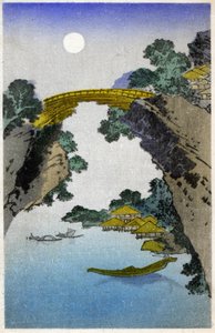 Geographie. Japan. Brücke. Holzschnitt von Hiroshige in: Dreiundfünfzig Stationen des Tokaido (1833-1834). Postkarte, Japan, ca. 1900 von Ando or Utagawa (after) Hiroshige