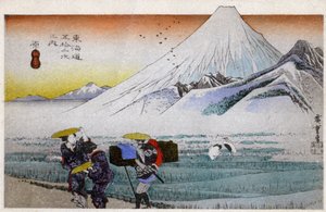 Geographie. Japan. Hara, Berg Fuji am Morgen (13. Station). Holzschnitt von Hiroshige in: Dreiundfünfzig Stationen des Tokaido (1833-1834). Postkarte, Japan, ca. 1900