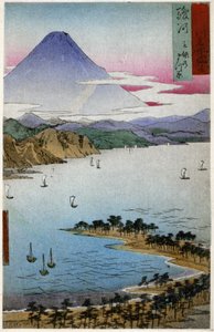 Geographie. Japan. Berg Fuji. Holzschnitt von Hiroshige in: Dreiundfünfzig Stationen des Tokaido (1833-1834). Postkarte, Japan, ca. 1900 von Ando or Utagawa (after) Hiroshige