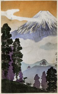 Geographie. Japan. Berg Fuji. Holzschnitt von Hiroshige in: Dreiundfünfzig Stationen des Tokaido (1833-1834). Postkarte, Japan, um 1900 von Ando or Utagawa (after) Hiroshige