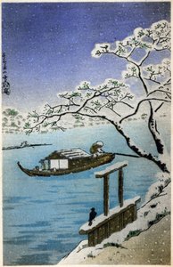 Geographie. Japan. Fluss im Winter. Holzschnitt von Hiroshige in: Dreiundfünfzig Stationen des Tokaido (1833-1834). Postkarte, Japan, ca. 1900 von Ando or Utagawa (after) Hiroshige