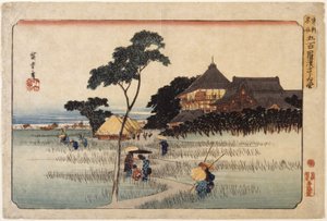 Großes Gebäude mit Hütten darunter von Ando or Utagawa Hiroshige