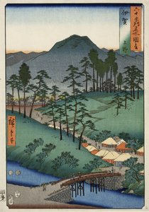 Schloss in Ueno in der Provinz Iga, Nr. 6 aus der Serie Bilder berühmter Orte in den sechzig Provinzen, 1853 von Ando or Utagawa Hiroshige