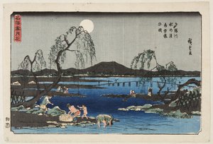 Fangen von Süßwasserfischen im Tama-Fluss unter dem Herbstmond von Ando or Utagawa Hiroshige