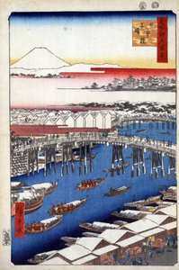 Hundert berühmte Ansichten von Edo: Nihonbashi-Brücke, Aufklarung nach dem Schnee. Ansicht der Stadt Tokio mit dem Berg Fuji im Hintergrund