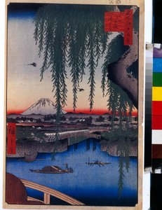 Japanischer Druck: Ansicht der Yatsumi-Brücke (Tokio, Japan). Serie Hundert berühmte Ansichten von Edo von Ando or Utagawa Hiroshige