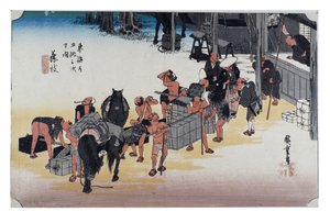 Fujieda: Transfer von Pferd zu Menschenkraft. Aus der Serie Die 53 Stationen des Tokaido von Ando or Utagawa Hiroshige