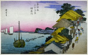 Geographie. Japan. Kanagawa (4. Station). Holzschnitt von Hiroshige in: Dreiundfünfzig Stationen des Tokaido (1833-1834). Postkarte, Japan, ca. 1900