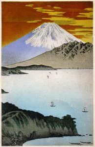 Geographie. Japan. Sonnenaufgang auf dem Berg Fuji. Holzschnitt von Hiroshige in: Dreiundfünfzig Stationen des Tokaido (1833-1834). Postkarte, Japan, ca. 1900 von Ando or Utagawa Hiroshige
