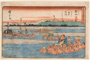 Kanaya (Überquerung eines breiten Flusses). Aus der Serie 53 Stationen des Tokaido von Ando or Utagawa Hiroshige