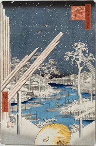 Holzlager in Fukagawa, aus der Serie "Hundert Ansichten berühmter Orte in Edo"