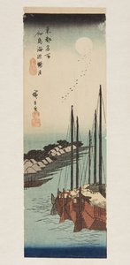 Nebliges Mondlicht auf dem Meer bei Tsukuda-Insel (Tsukudajima kaihen oborozuki) (Farbholzschnitt)