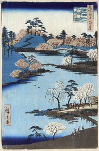 Offener Garten am Fukagawa Hachiman-Schrein, Edo, Japan, Holzschnitt von Ando Hiroshige von Ando or Utagawa Hiroshige