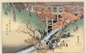 Rote Ahornblätter an der Tsuten-Brücke, aus der Serie "Berühmte Orte von Kyoto"
