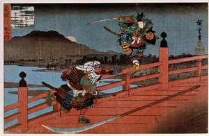 Samurai-Schlacht, japanischer Druck von Hiroshige Utagawa (1797-1858). 19. Jahrhundert. Paris, Guimet Museum, Nationalmuseum für asiatische Kunst