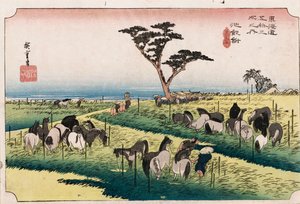 „Der Pferdemarkt im vierten Monat in Chiryu“, aus der Serie „Die dreiundfünfzig Stationen des Tokaido“, ca. 1834 von Ando or Utagawa Hiroshige