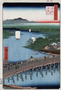 Die große Brücke von Senju über den Sumida-Fluss, mit Bergen im Hintergrund, Holzschnitt von Ando Hiroshige von Ando or Utagawa Hiroshige