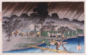 Abendlicher Regenschauer am Tadasu-Ufer, aus der Serie „Berühmte Orte von Kyoto“ von Ando or Utagawa Hiroshige