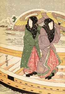 Frauen, die über eine Brücke im Schnee gehen, veröffentlicht um 1848 von Ando or Utagawa Hiroshige