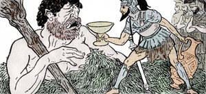 Odyssee von Homer: Odysseus bietet Polyphem, dem Zyklopen, einen Becher Wein an von Andre Bonamy