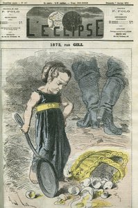 1872, ein kleines Mädchen betrachtet ihren Korb mit Rissen. Titelbild in 