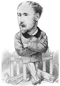 Karikatur von Albert Delpit (1849-1893), französischer Romanautor. Zeichnung von Andre Gill. Gravur in „Le Monde Illustré“.