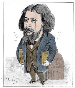 Karikatur von Alphonse Daudet (1840-1897), einem französischen Schriftsteller, dargestellt mit seinen Büchern und seinem Monokel vor dem Institut de France in Paris. Zeichnung von André Gill. Gravur in „Le Monde Illustré“. von Andre Gill